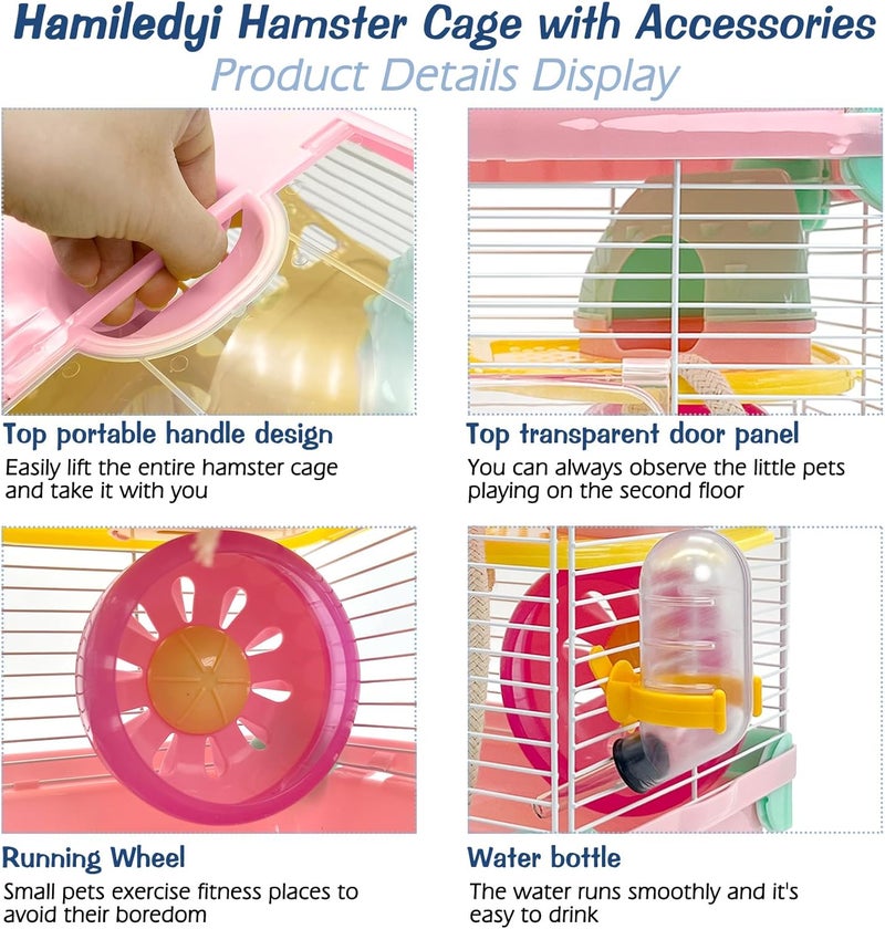 Hamiledyi قفص هامستر محمول 2 طبقات موطن هامستر قزم قفص سفر حيوانات صغيرة مع عجلة تمرين قفص هامستر قفص للفئران أو الهامستر أو الجربيل أو الحيوانات الأليفة الصغيرة الأخرى - Image 2